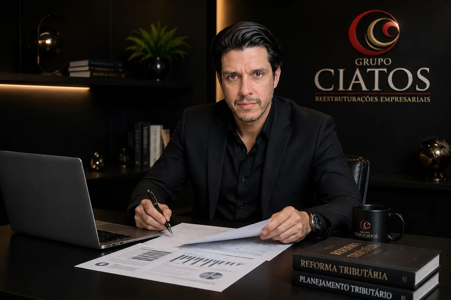 Diego Ciatos analisando documentos e conduzindo decisões estratégicas no escritório do Grupo Ciatos